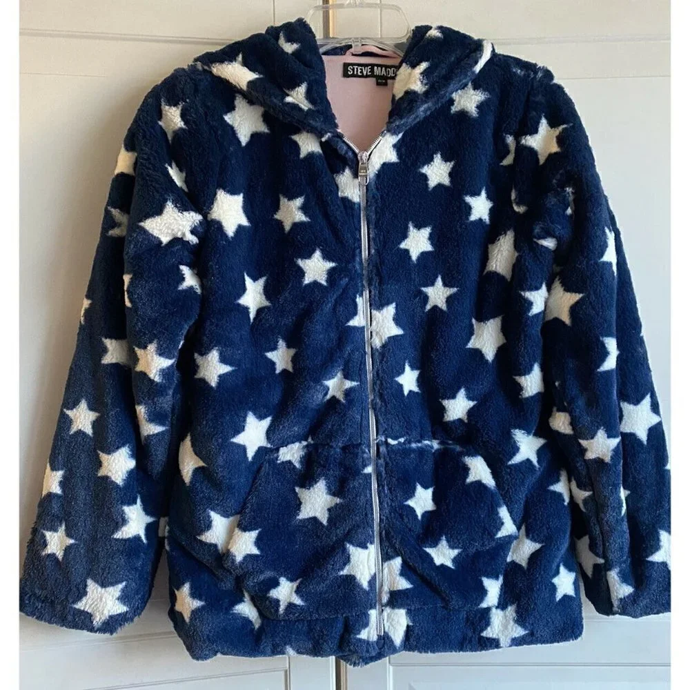 Steve Madden Sz 14/16 Girl’s Blue Faux‎ Fur White Stars Zip Jacket Coat